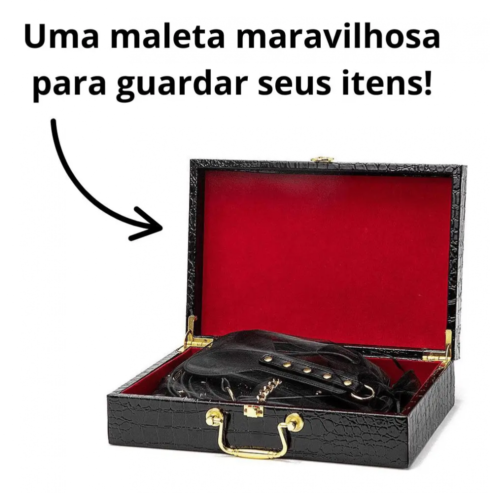 Kit BDSM em Couro com Maleta: 8 Itens (Algemas, Máscara, Coleira, Chicote e mais)