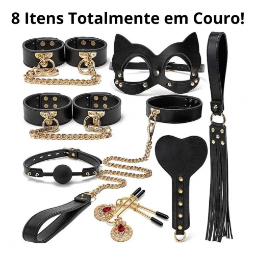 Kit BDSM em Couro com Maleta: 8 Itens (Algemas, Máscara, Coleira, Chicote e mais)