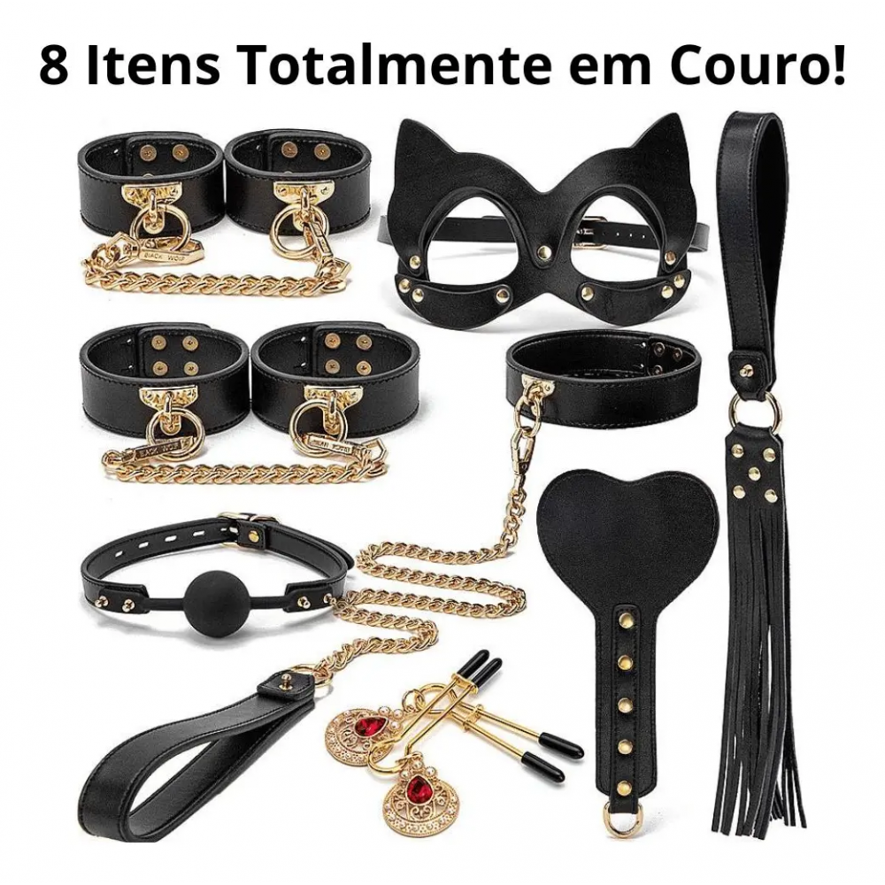 Kit BDSM em Couro com Maleta: 8 Itens (Algemas, Máscara, Coleira, Chicote e mais)