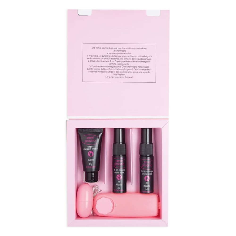 Kit Amor Próprio Sofisticatto – Bullet Vibrador, Óleos Hot e Ice, Gel Neutro para Autoexploração Feminina O Kit Amor Próprio da Sofisticatto foi criado especialmente para mulheres que desejam descobrir mais sobre seu corpo e viver sua sexualidade com libe Kit Amor Próprio Sofisticatto – Bullet Vibrador, Óleos Hot e Ice, Gel Neutro para Autoexploração Feminina