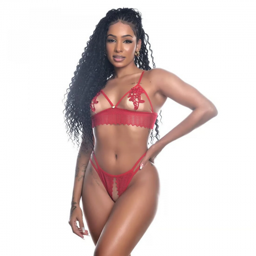 Conjunto Cropped Tallyta Vermelho - Lingerie Sensual com Renda e Transparência