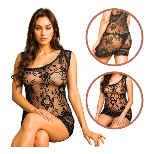 Mini Vestido Lingerie Arrastão Sensual com Strass - Um Ombro Só