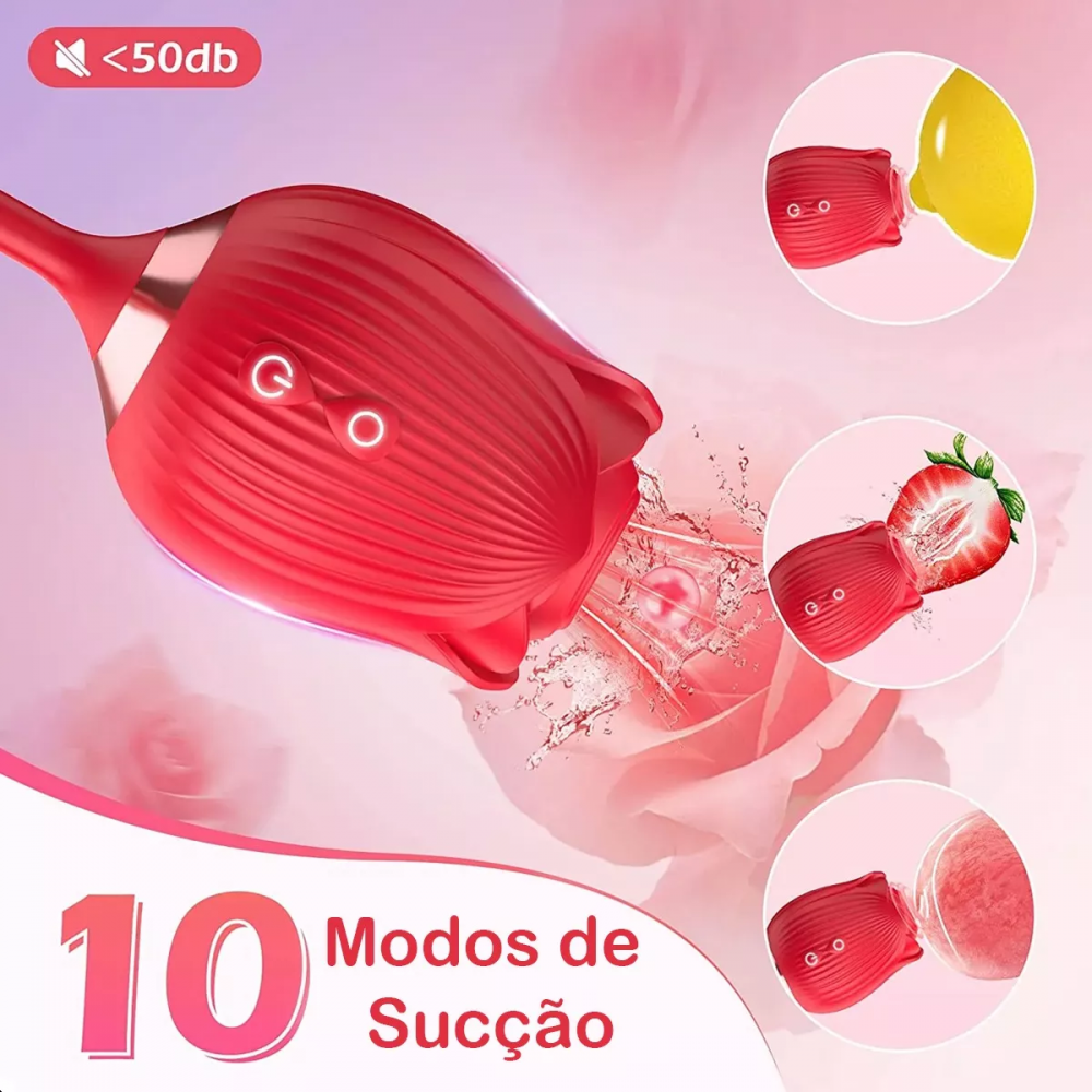 Vibrador e Sugador Flower Rosa 37,5cm - 9 Modos Pulsação e Vai-e-Vem - Recarregável