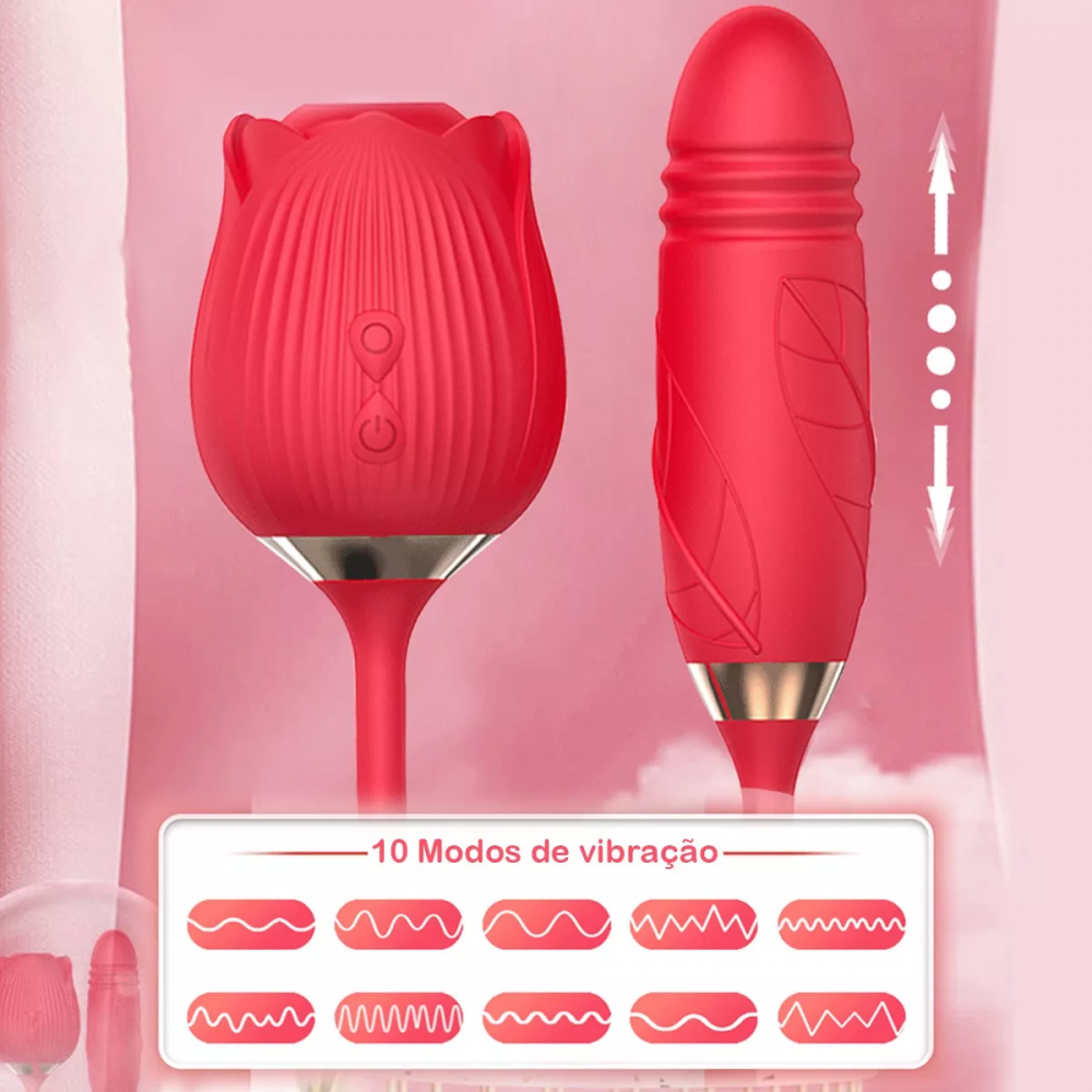 Vibrador e Sugador Flower Rosa 37,5cm - 9 Modos Pulsação e Vai-e-Vem - Recarregável