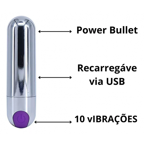 Vibrador Power Bullet 10 Modos - Estimulador Clitoriano Recarregável (Cor Aleatória)